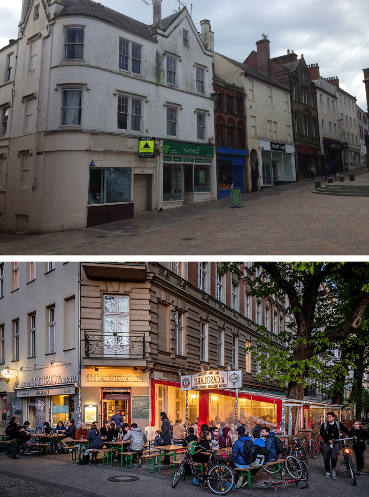 Empty properties on Dumfries High Street (above) re-imagined as a vibrant mixed development