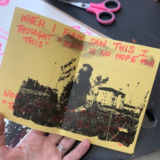 Hand holding an open booklet with a yellow background and red and black printed text and graphics. The left page shows a black‑and‑white image of a field with tall plants and a building in the distance. The right page continues the image and has red text at the top reading, “WHEN I FIRST SAW THIS I THOUGHT ‘THERE IS NO HOPE FOR THIS’.” Pink‑handled scissors and another paper with pink graphics are visible in the background.